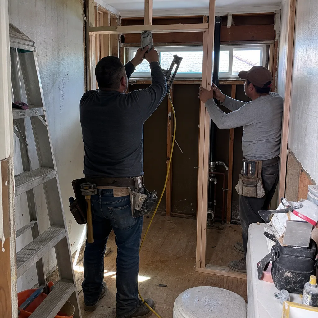 Two professional contractors installing a wooden frame during a bathroom remodeling project