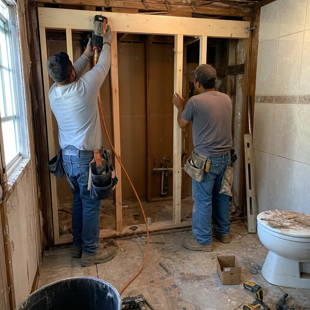 Two contractors framing a new bathroom wall during a home renovation.