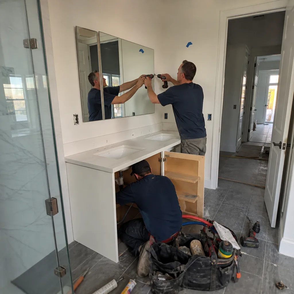 Professional contractors working on a modern bathroom remodeling and plumbing installation project.