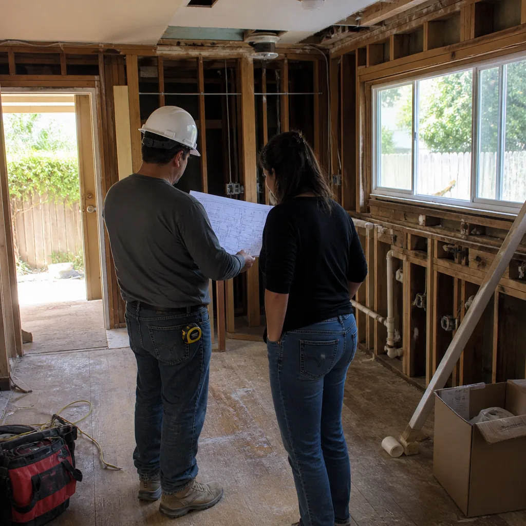 General contractor and client reviewing blueprints inside a home renovation project.