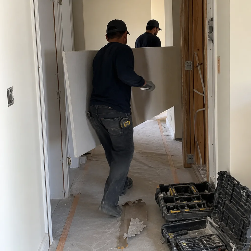 General contractor moving drywall sheet through a hallway in a construction zone