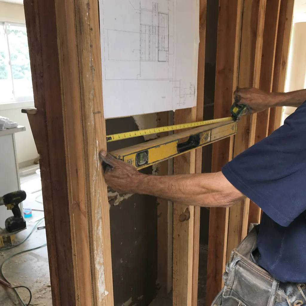 General contractor measuring wooden wall studs with a level and tape measure