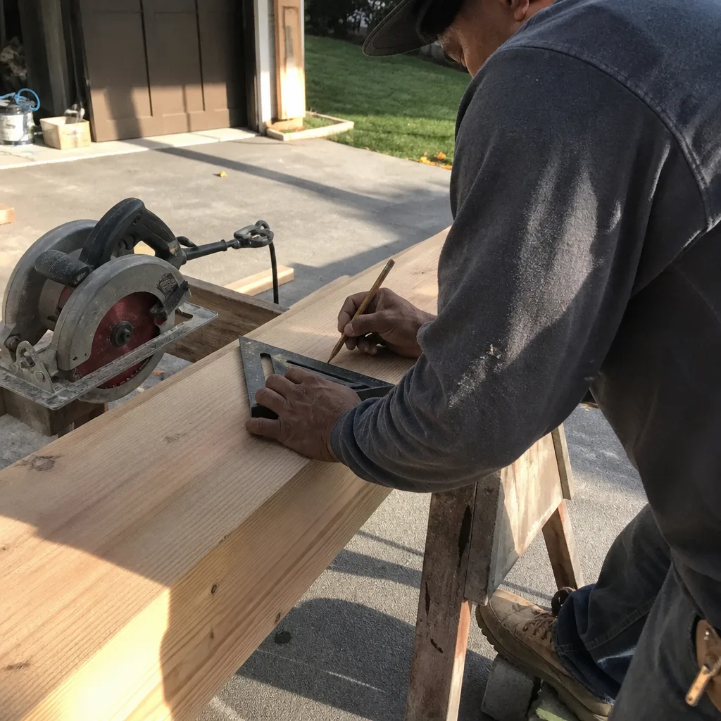 Contractor marking a wooden beam with a square and pencil