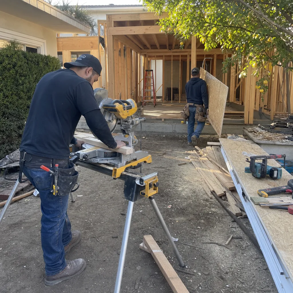 Professional contractors working on a home renovation framing project.