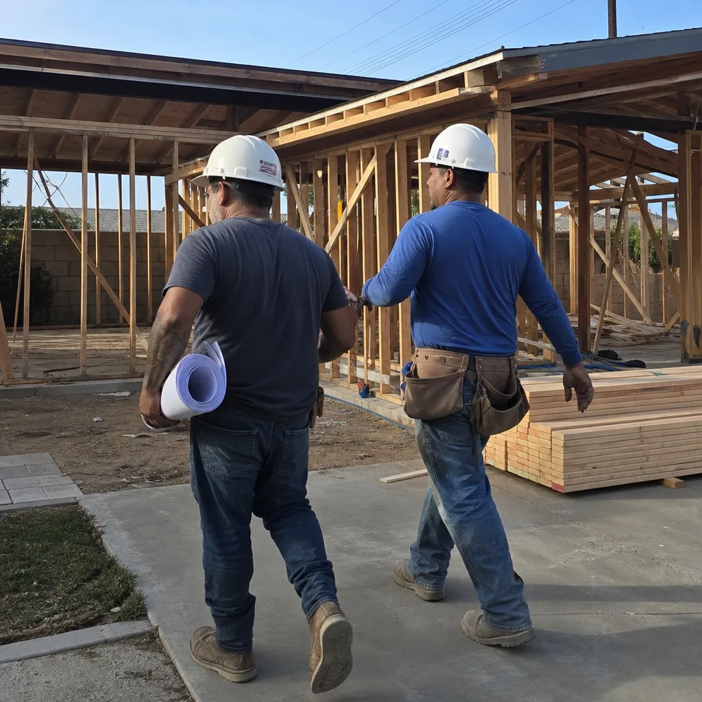 Two construction workers walking toward a home renovation project with blueprints