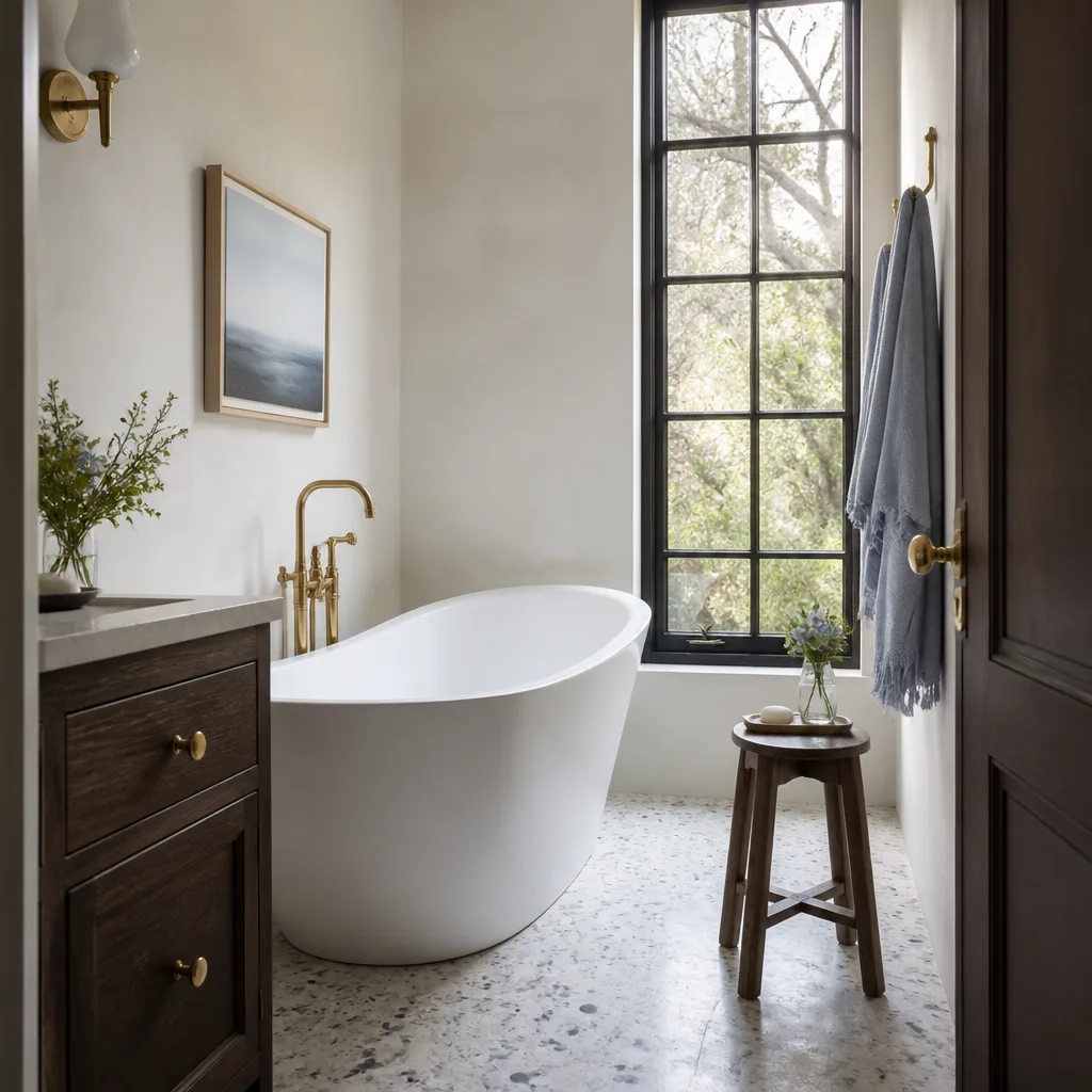 A freestanding soaking tub in a remodeled primary bathroom