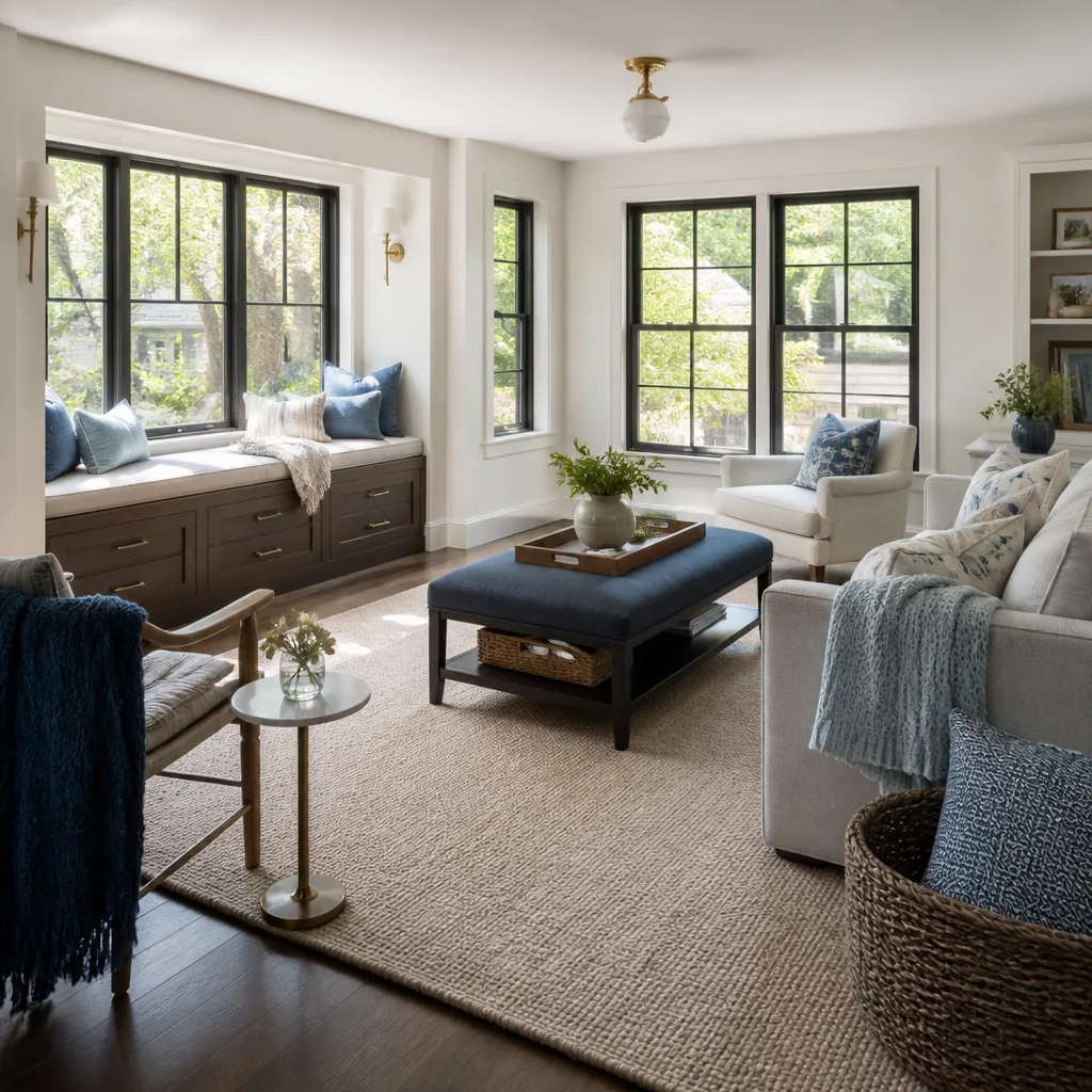 A remodeled family room with new windows and a window seat