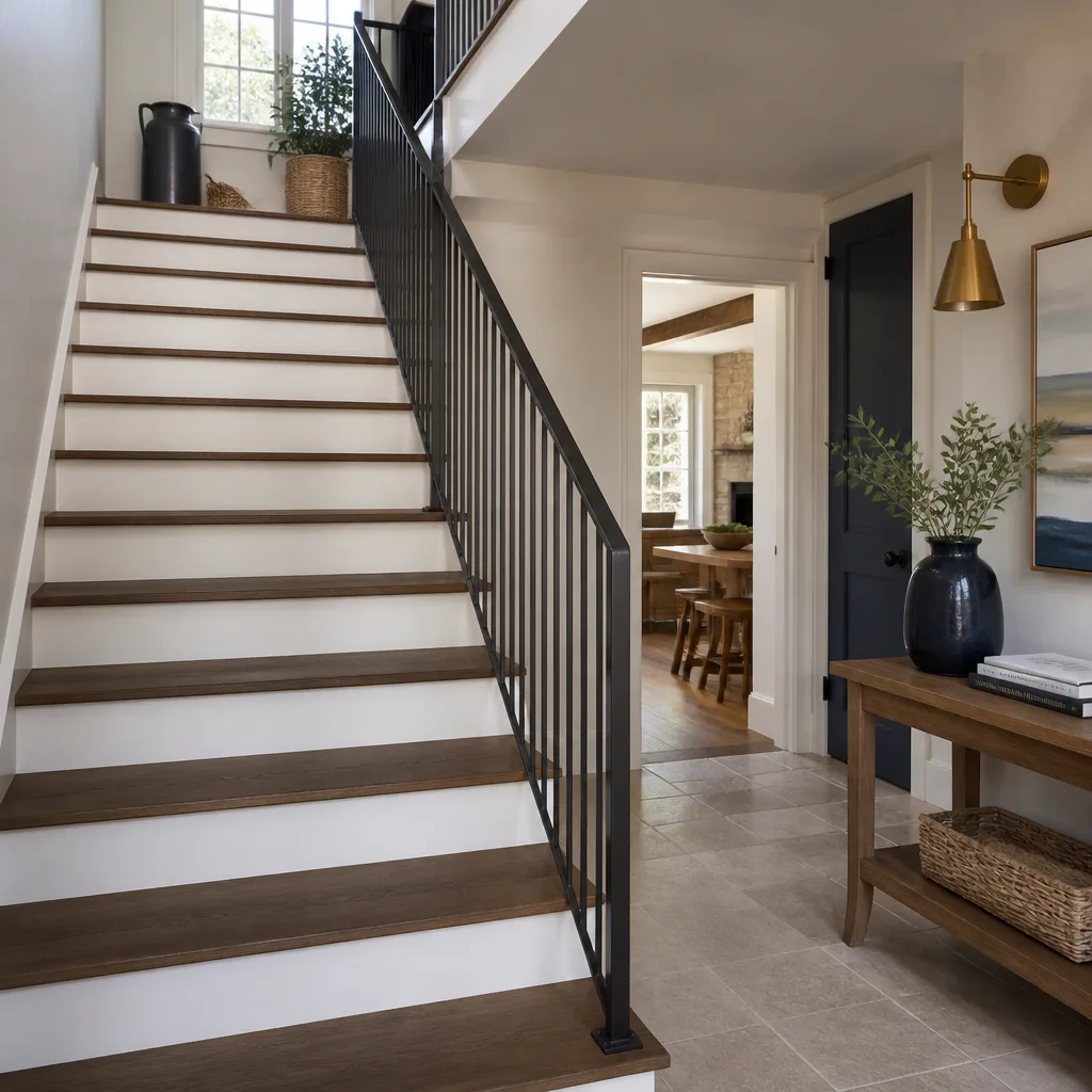 A remodeled staircase with wood treads and a slim metal railing