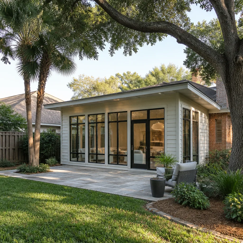 A single-story rear room addition with tall windows and a new patio