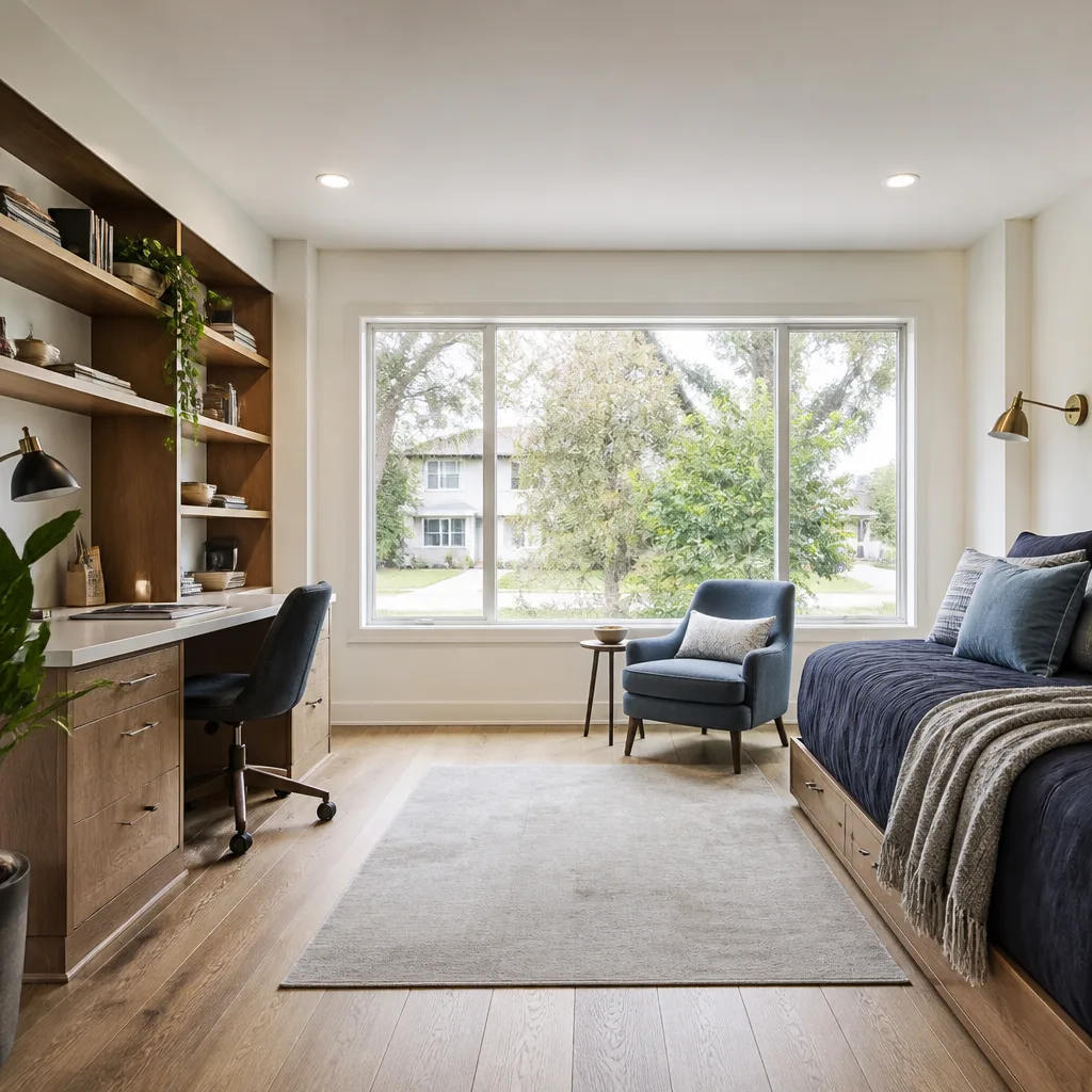 A garage converted into a guest room and home office