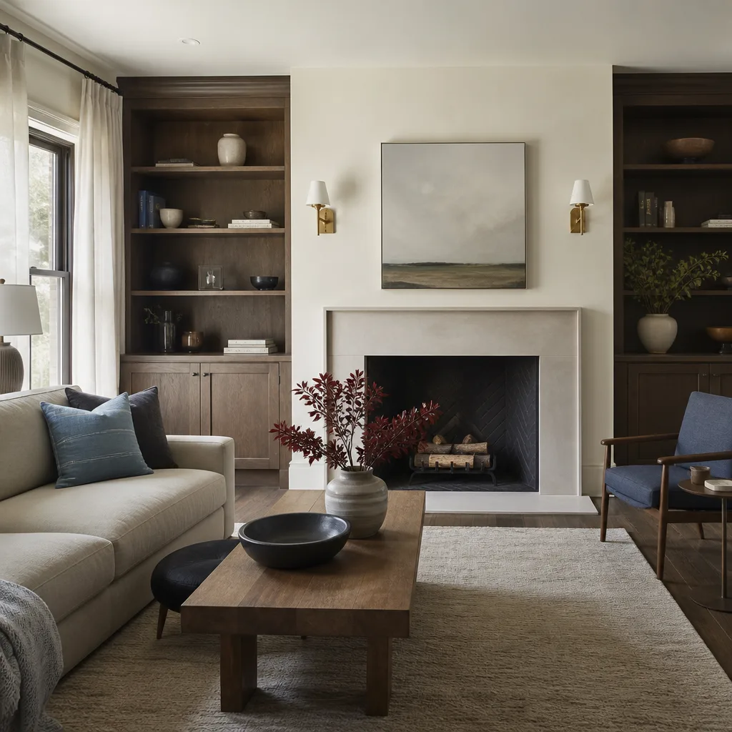 A remodeled living room with built-in shelves around the fireplace