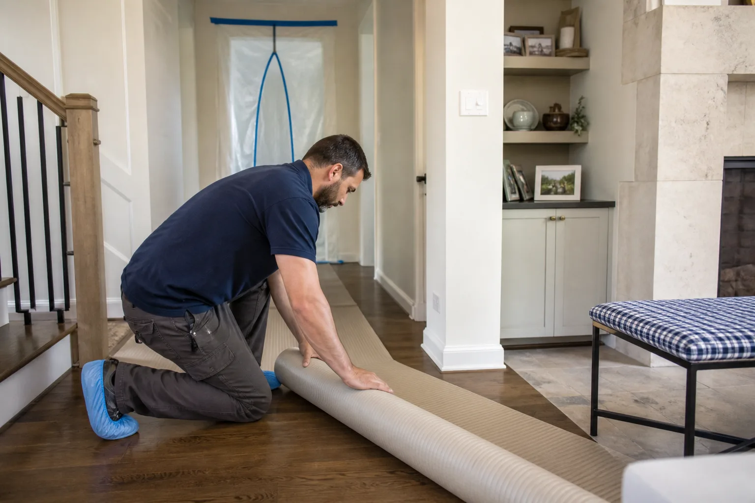 A worker laying floor protection and a dust barrier before work starts